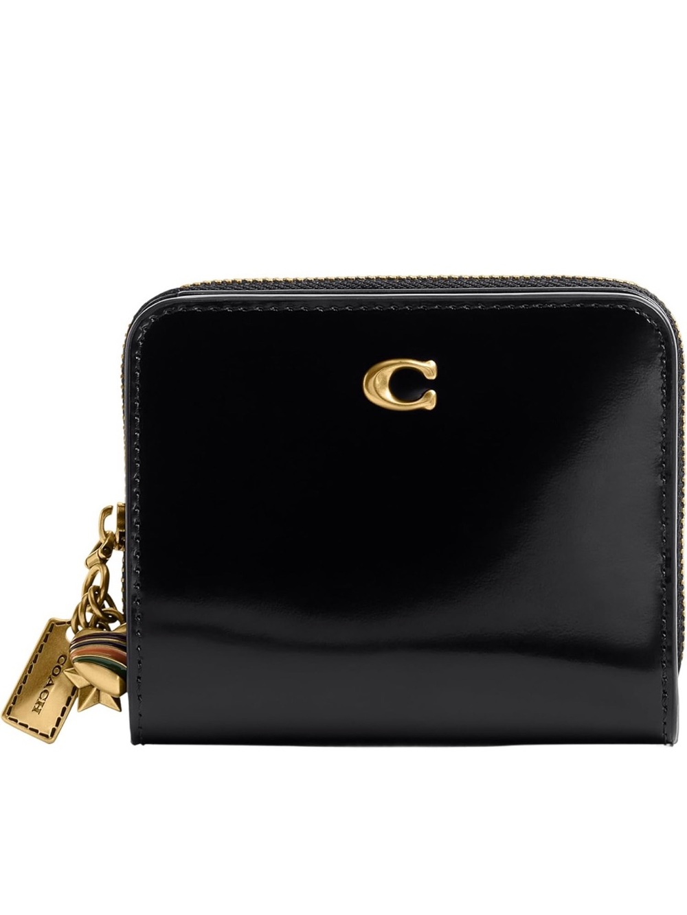 Coach Black Leather Zip-Around Compact Wallet with Gold Hardware
